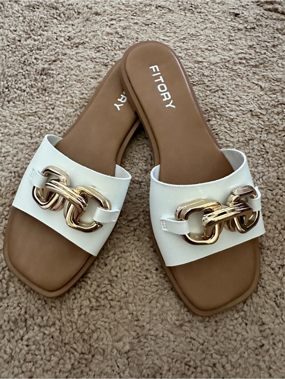 White Slide Sandals with Gold Chain Detail Size 9
